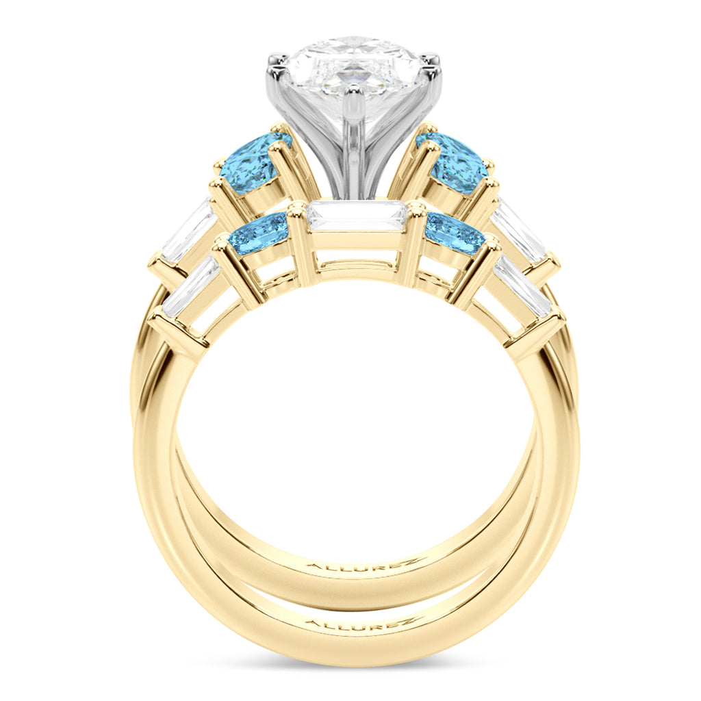 Marquise Lab Diamond & Oval Blue Topaz Bridal Set 14K Yellow Gold (4.97ct)