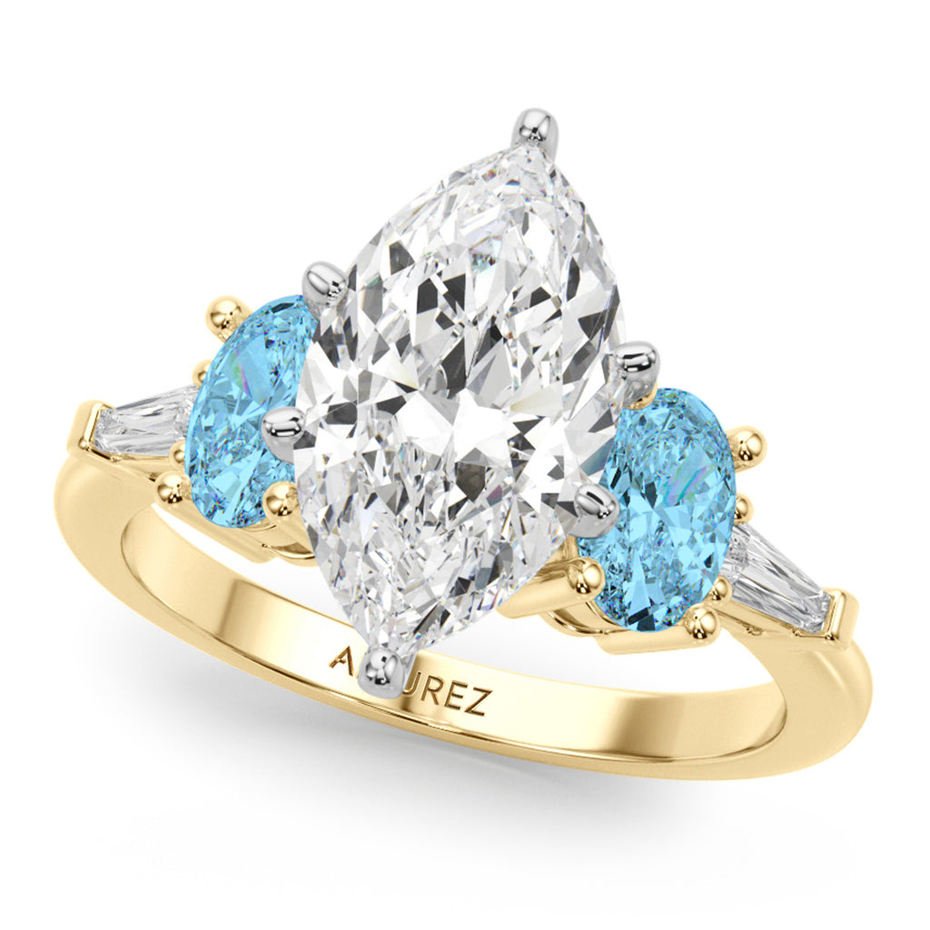 Marquise Lab Diamond & Oval Blue Topaz Bridal Set 14K Yellow Gold (4.97ct)