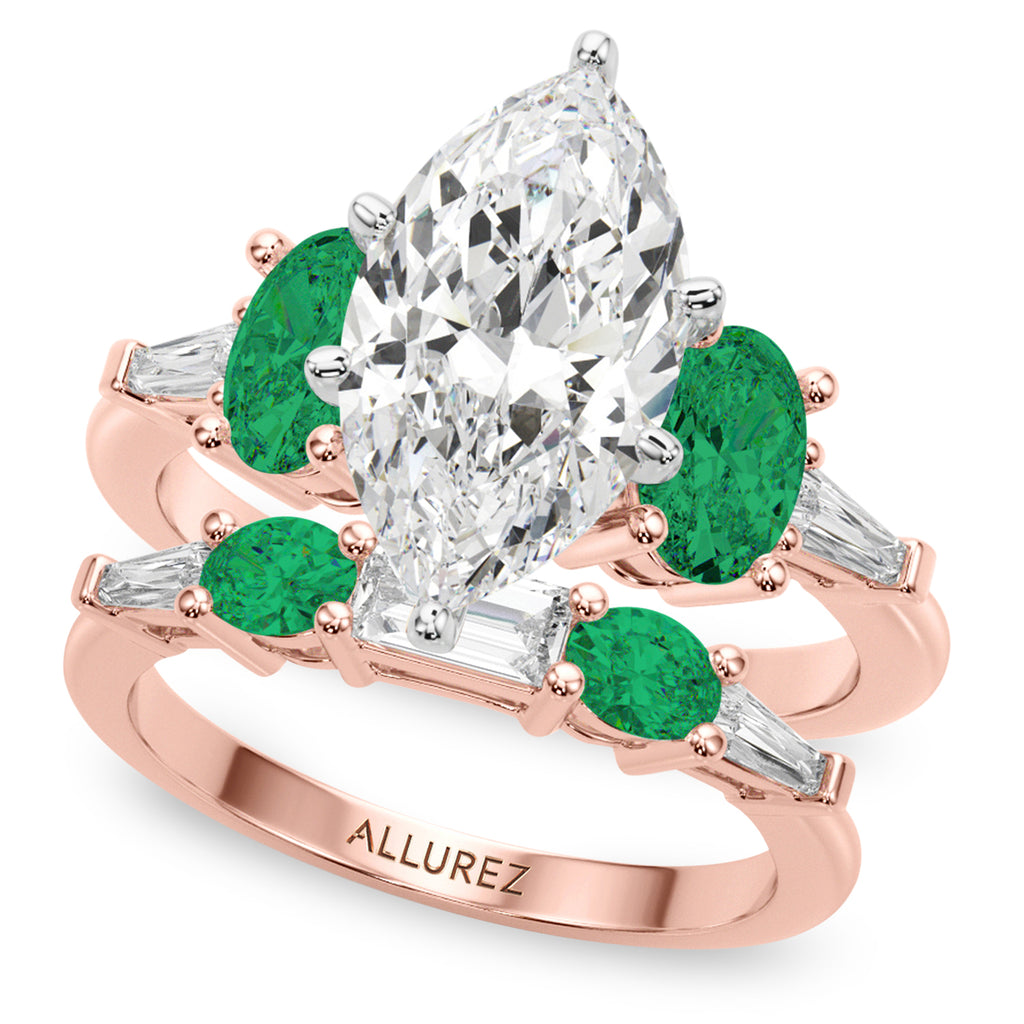 Marquise Lab Diamond & Oval Emerald Bridal Set 14K Rose Gold (4.65ct)