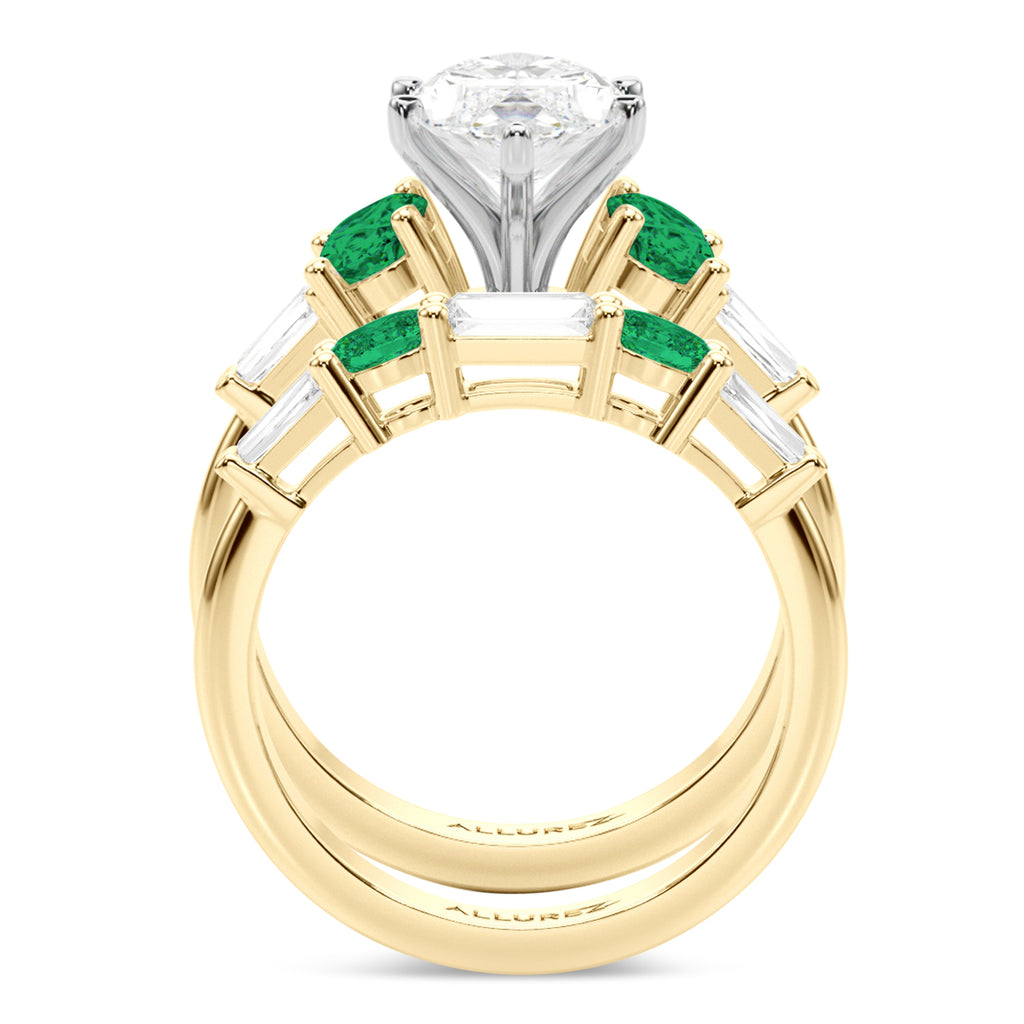 Marquise Lab Diamond & Oval Emerald Bridal Set 14K Yellow Gold (4.65ct)