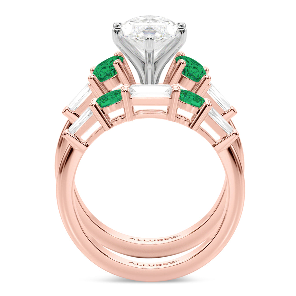 Marquise Lab Diamond & Oval Emerald Bridal Set 18K Rose Gold (4.65ct)