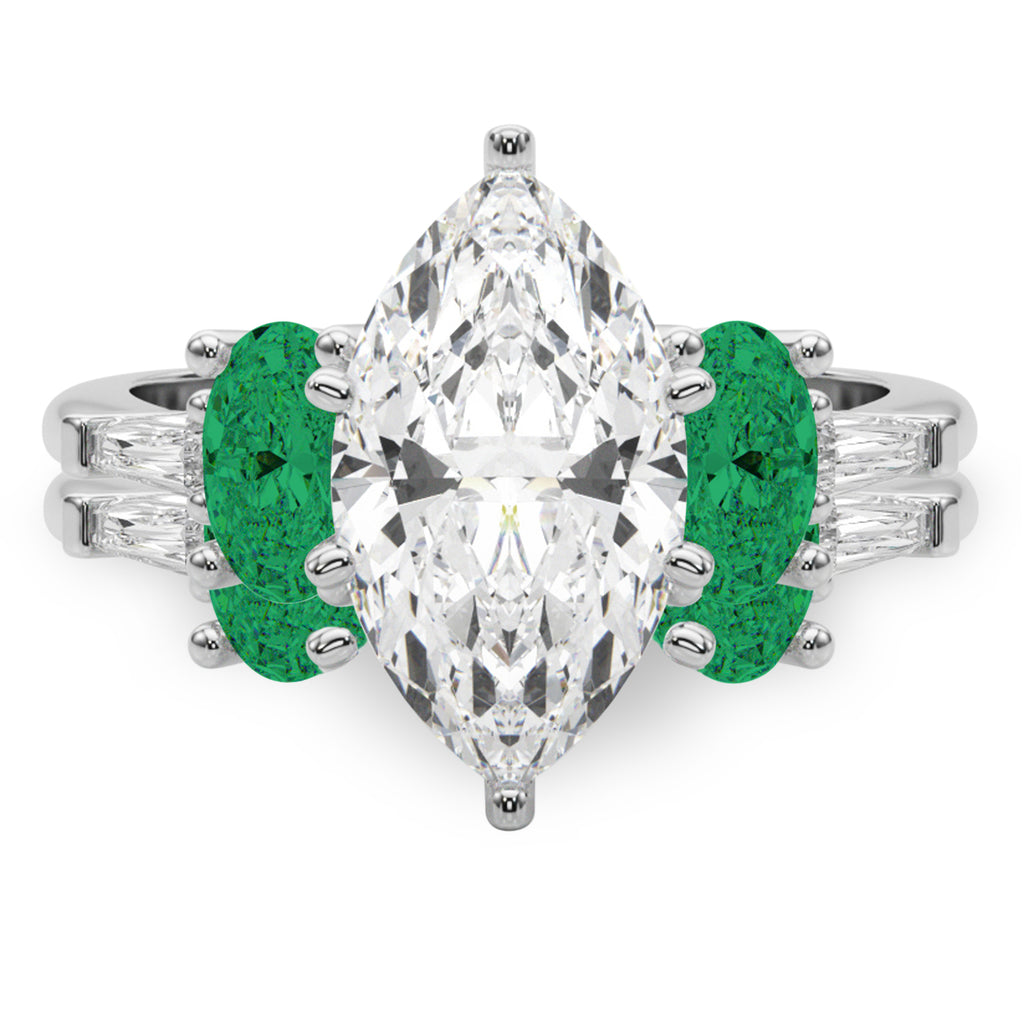 Marquise Lab Diamond & Oval Emerald Bridal Set 18K White Gold (4.65ct)