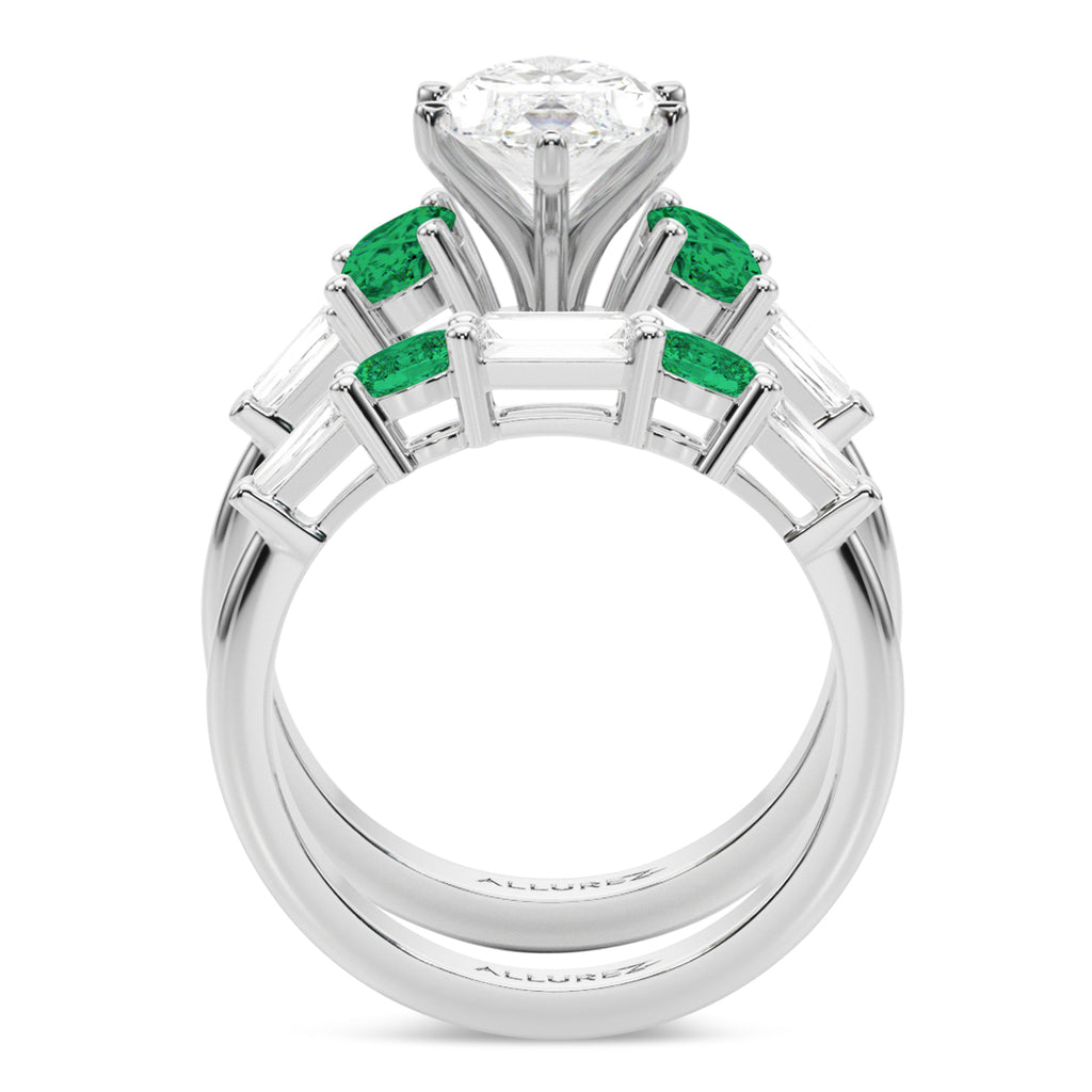 Marquise Lab Diamond & Oval Emerald Bridal Set 18K White Gold (4.65ct)