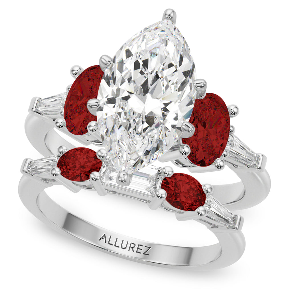 Marquise Lab Grown Diamond & Oval Garnet Bridal Set 14K White Gold (4.97ct)