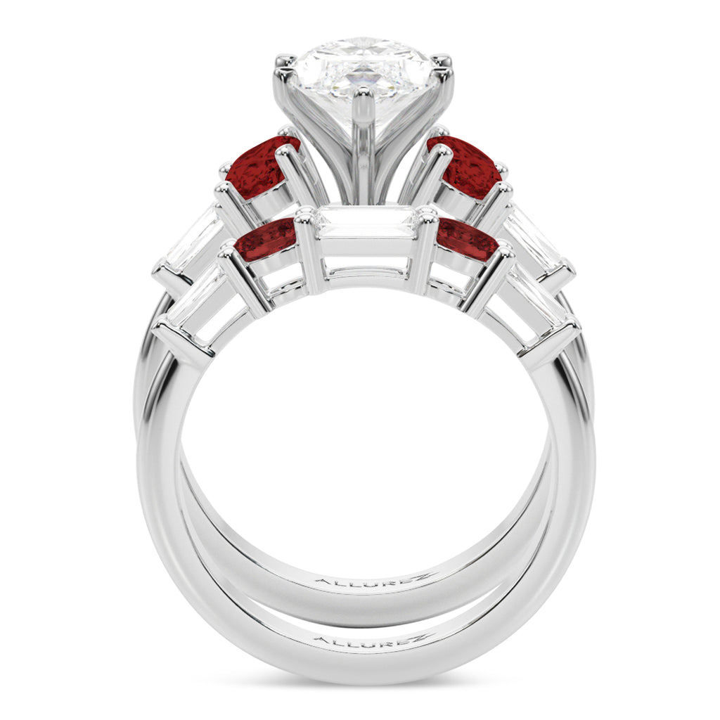 Marquise Lab Grown Diamond & Oval Garnet Bridal Set 14K White Gold (4.97ct)