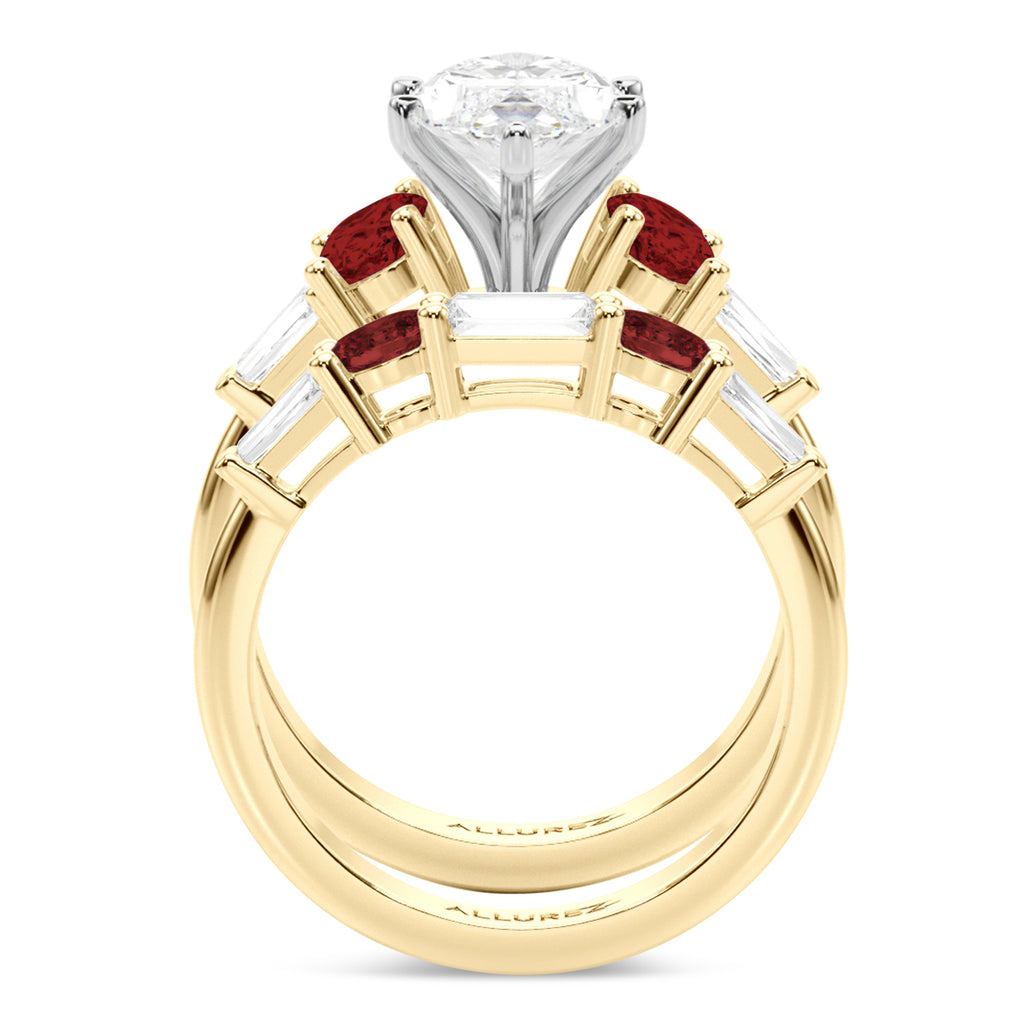 Marquise Lab Diamond & Oval Garnet Bridal Set 14K Yellow Gold (4.97ct)