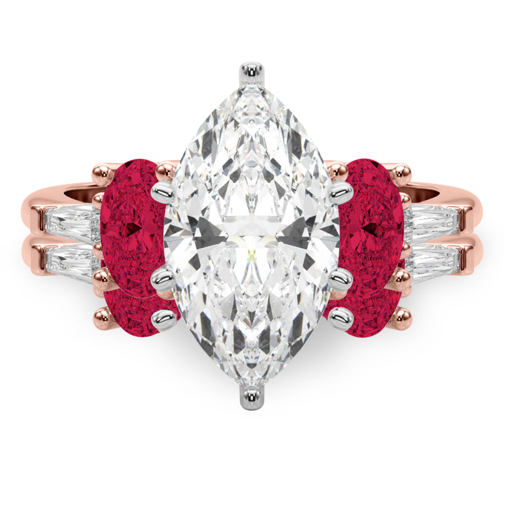Marquise Lab Diamond & Oval Ruby Bridal Set 14K Rose Gold (5.09ct)
