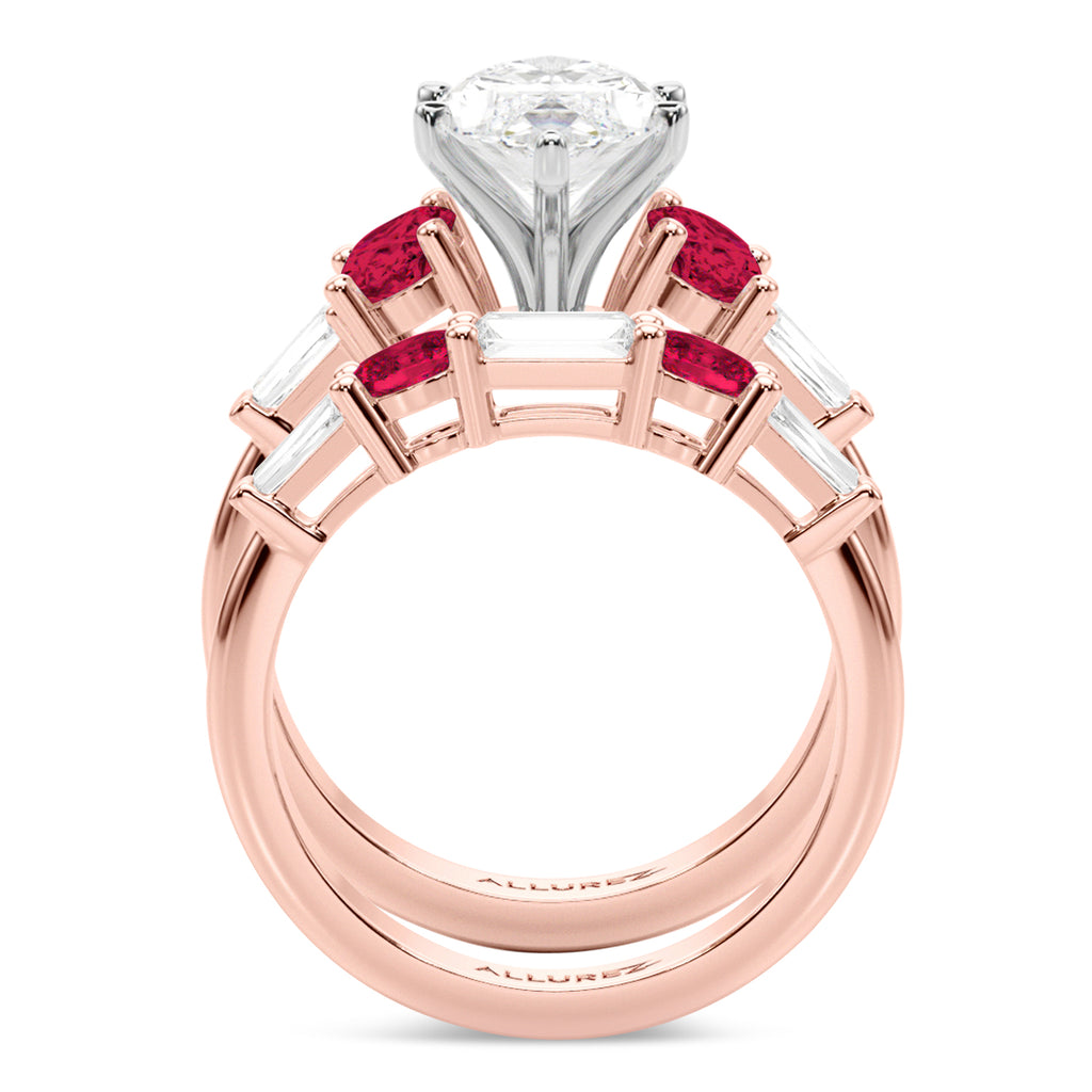 Marquise Lab Diamond & Oval Ruby Bridal Set 14K Rose Gold (5.09ct)