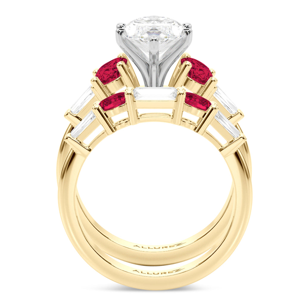 Marquise Lab Diamond & Oval Ruby Bridal Set 14K Yellow Gold (5.09ct)