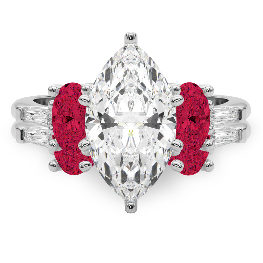Marquise Lab Diamond & Oval Ruby Bridal Set 18K White Gold (5.09ct)