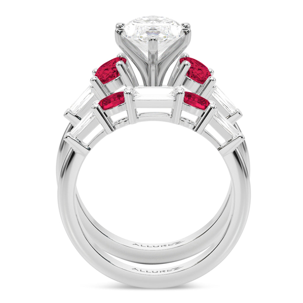 Marquise Lab Diamond & Oval Ruby Bridal Set 18K White Gold (5.09ct)