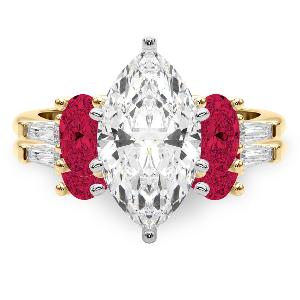 Marquise Lab Diamond & Oval Ruby Bridal Set 18K Yellow Gold (5.09ct)