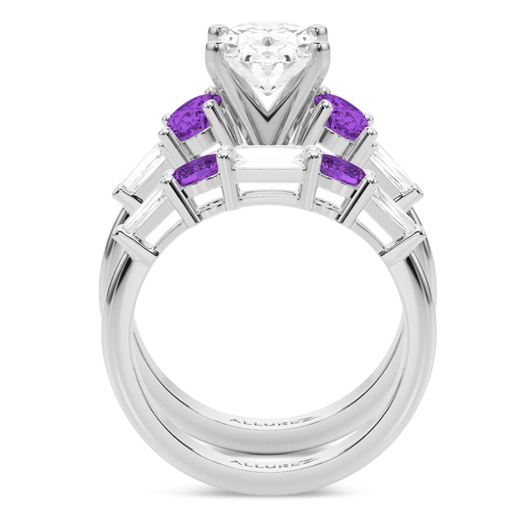 Oval Lab Grown Diamond & Amethyst Bridal Set 14K White Gold (4.65ct)