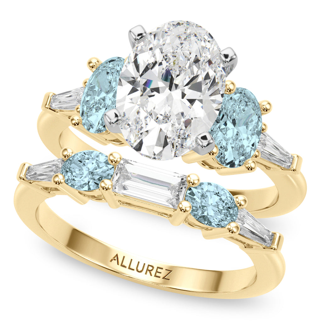 Oval Lab Diamond & Aquamarine Bridal Set 14K Yellow Gold (4.65ct)