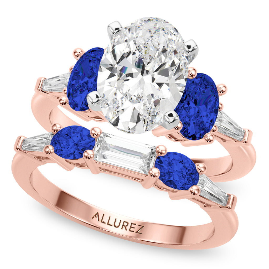 Oval Lab Diamond & Blue Sapphire Bridal Set 14K Rose Gold (5.17ct)