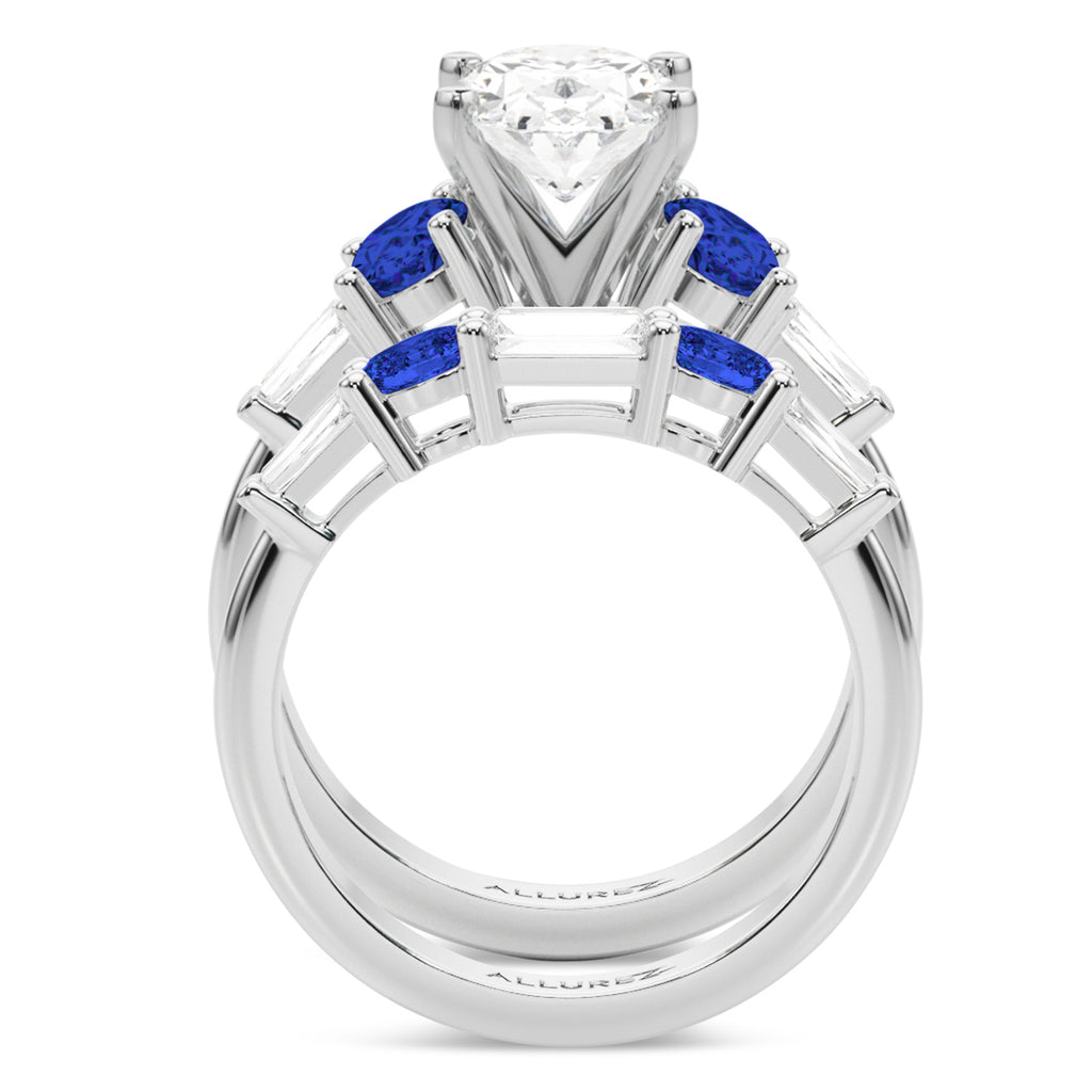 Oval Lab Diamond & Blue Sapphire Bridal Set 18K White Gold (5.17ct)