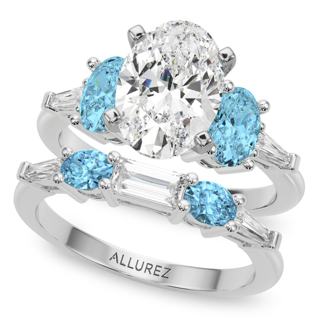 Oval Lab Diamond & Blue Topaz Bridal Set 18K White Gold (4.97ct)