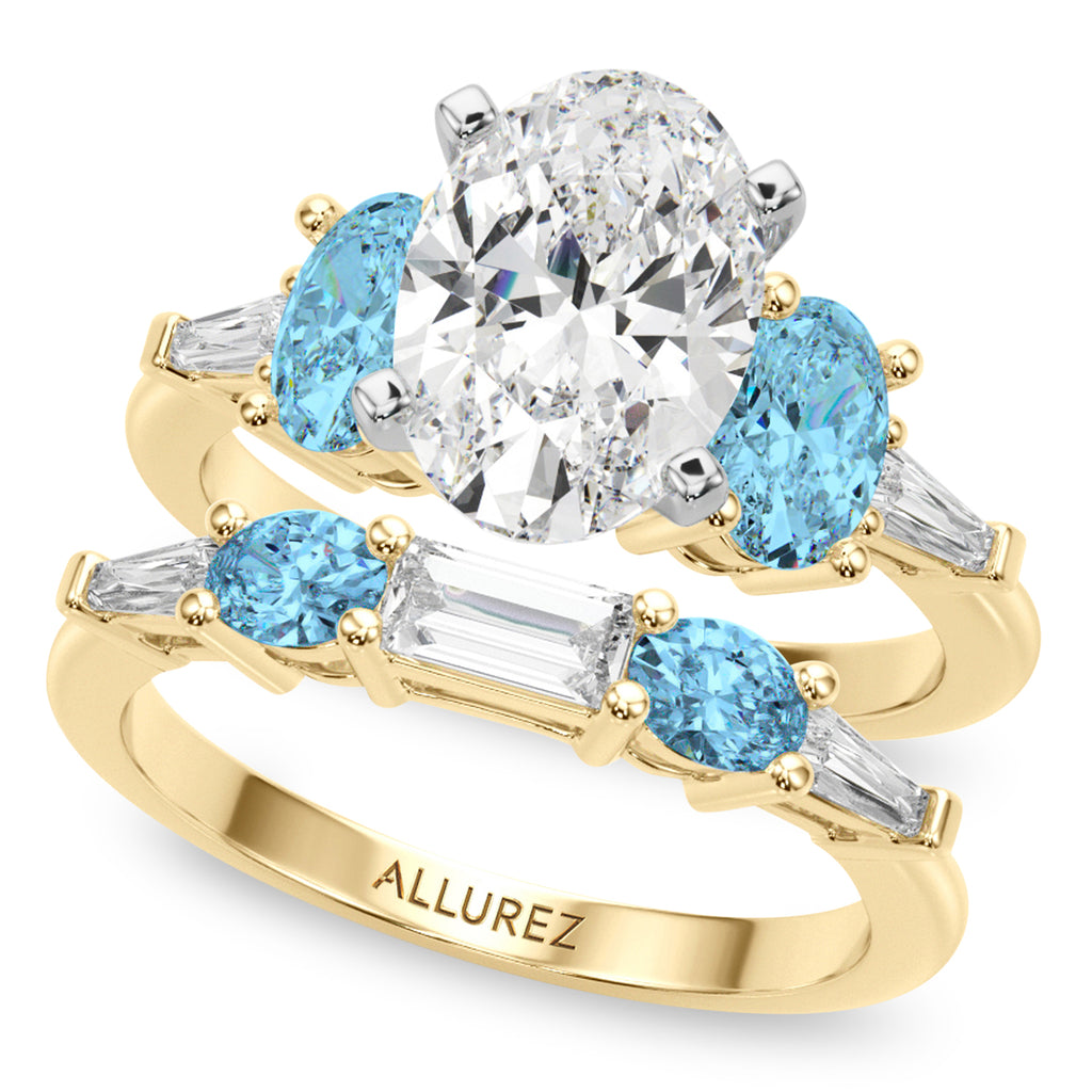 Oval Lab Diamond & Blue Topaz Bridal Set 18K Yellow Gold (4.97ct)