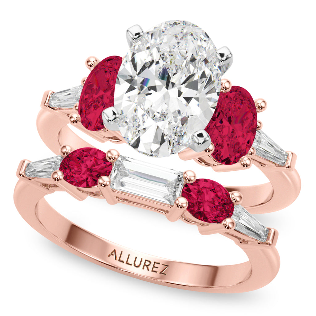 Oval Lab Diamond & Ruby Bridal Set 14K Rose Gold (5.09ct)