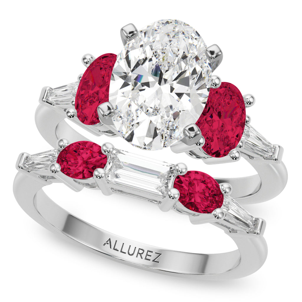 Oval Lab Grown Diamond & Ruby Bridal Set 14K White Gold (5.09ct)