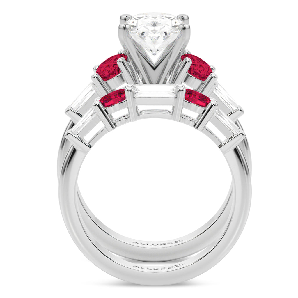Oval Lab Grown Diamond & Ruby Bridal Set 14K White Gold (5.09ct)