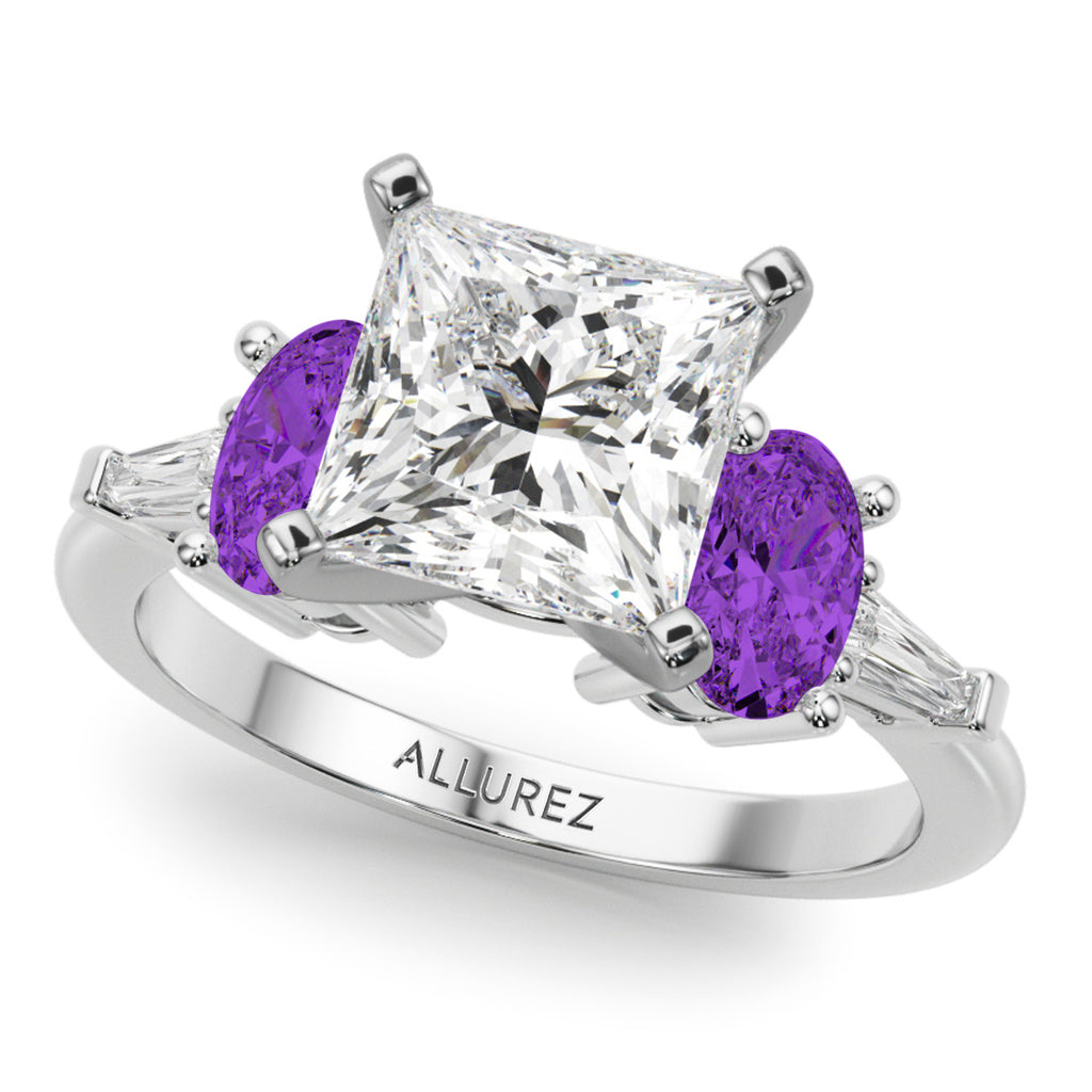 Princess Cut Lab Grown Diamond & Oval Amethyst Bridal Set 14K White Gold (4.65ct)