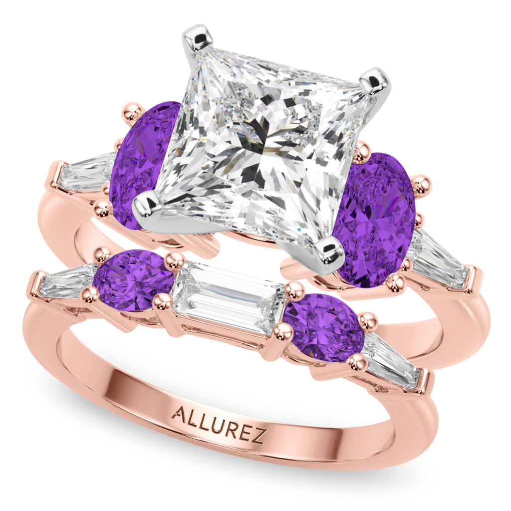 Princess Cut Lab Diamond & Oval Amethyst Bridal Set 18K Rose Gold (4.65ct)