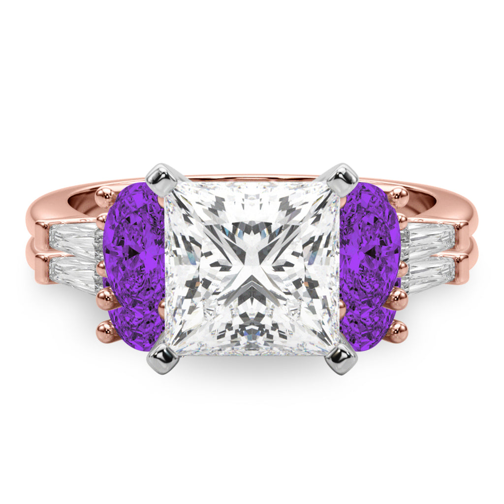 Princess Cut Lab Diamond & Oval Amethyst Bridal Set 18K Rose Gold (4.65ct)