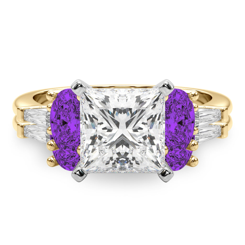Princess Cut Lab Diamond & Oval Amethyst Bridal Set 18K Yellow Gold (4.65ct)