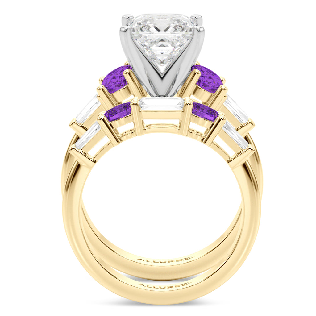 Princess Cut Lab Diamond & Oval Amethyst Bridal Set 18K Yellow Gold (4.65ct)