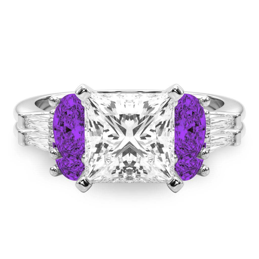 Princess Cut Lab Diamond & Oval Amethyst Bridal Set in Palladium (4.65ct)