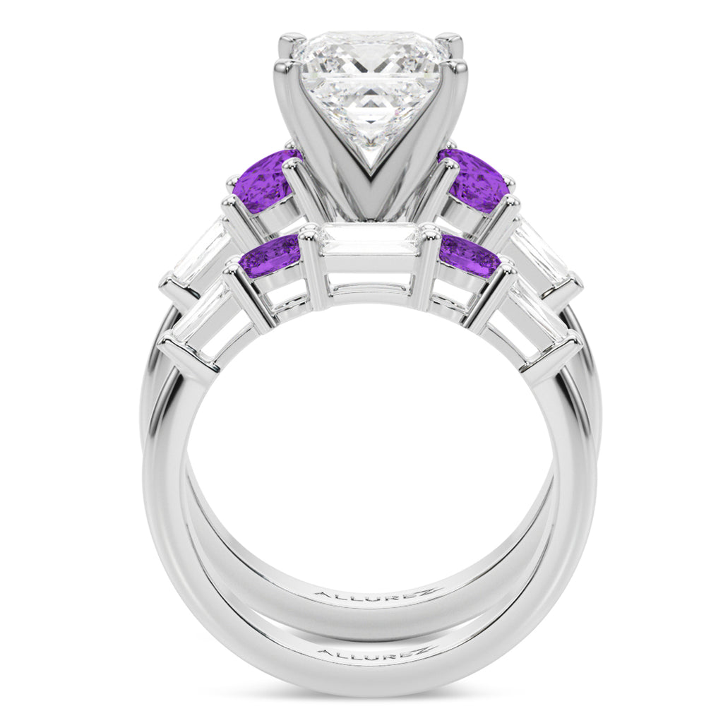 Princess Cut Lab Diamond & Oval Amethyst Bridal Set in Palladium (4.65ct)