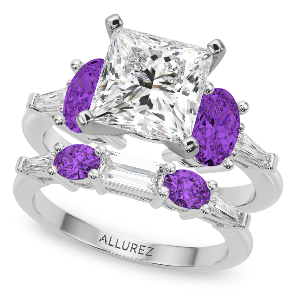 Princess Cut Lab Diamond & Oval Amethyst Bridal Set in Platinum (4.65ct)