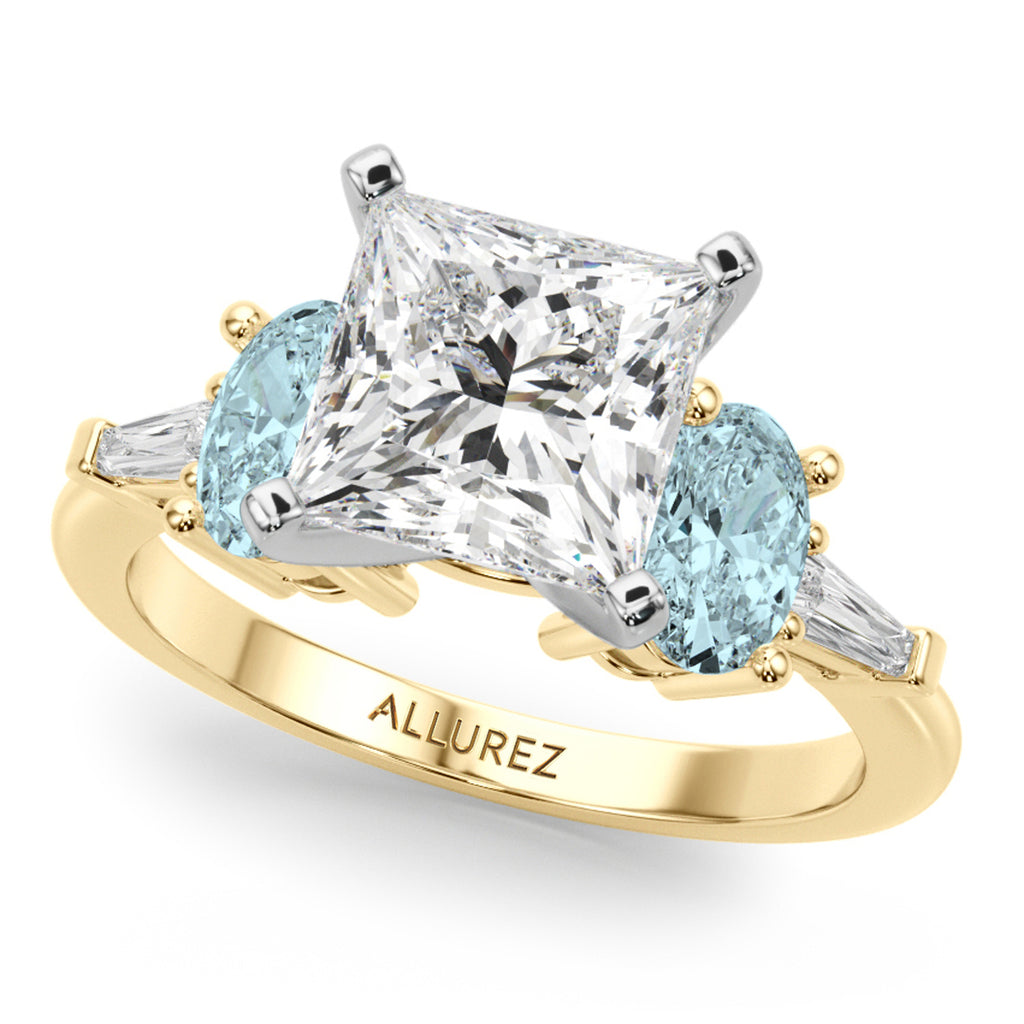 Princess Cut Lab Diamond & Oval Aquamarine Bridal Set 14K Yellow Gold (4.65ct)