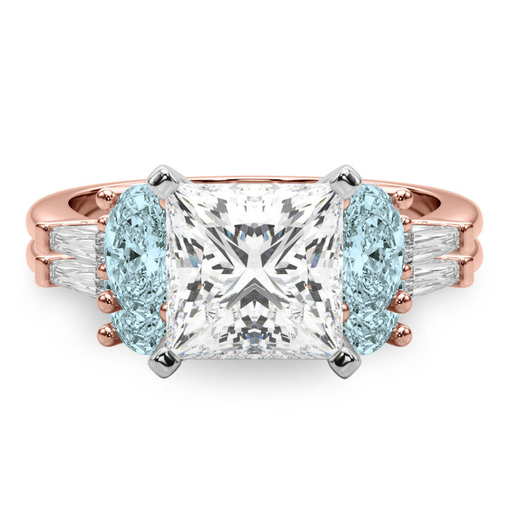 Princess Cut Lab Diamond & Oval Aquamarine Bridal Set 18K Rose Gold (4.65ct)
