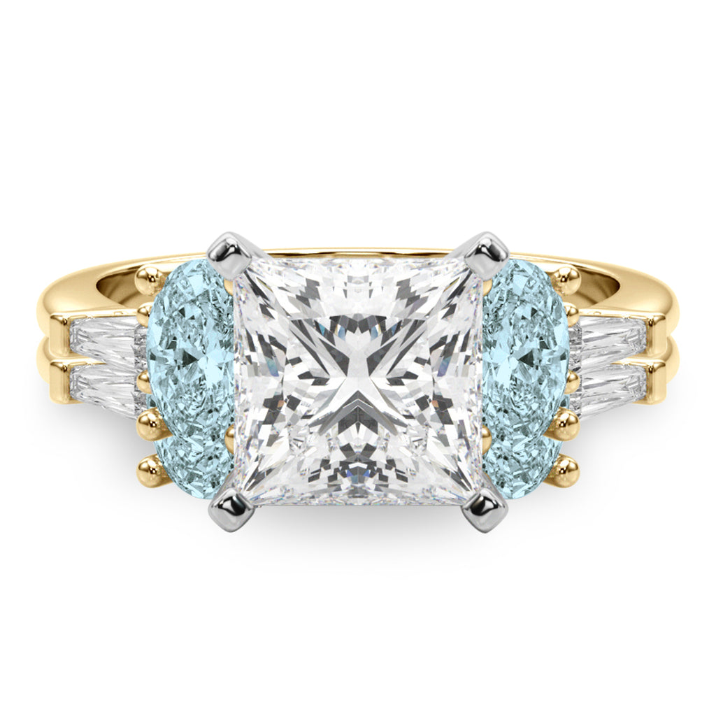 Princess Cut Lab Diamond & Oval Aquamarine Bridal Set 18K Yellow Gold (4.65ct)