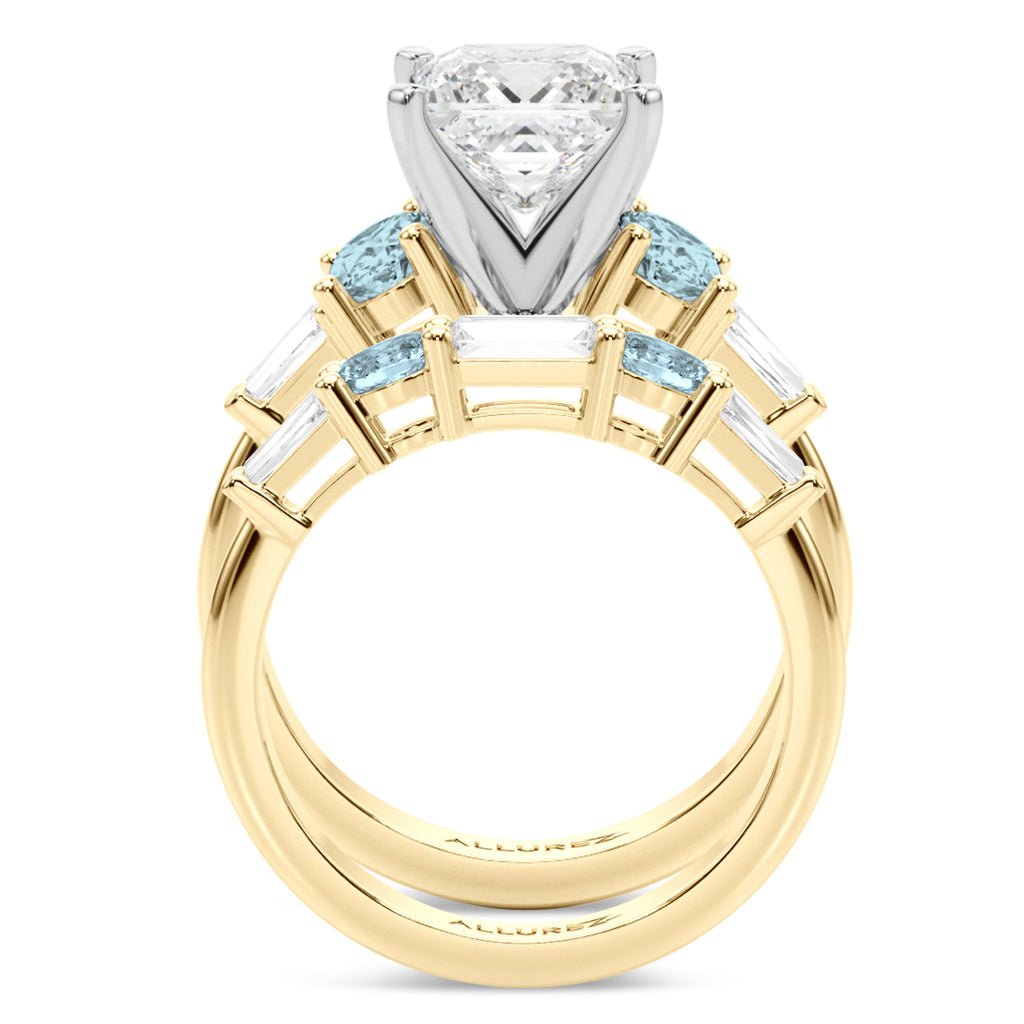 Princess Cut Lab Diamond & Oval Aquamarine Bridal Set 18K Yellow Gold (4.65ct)