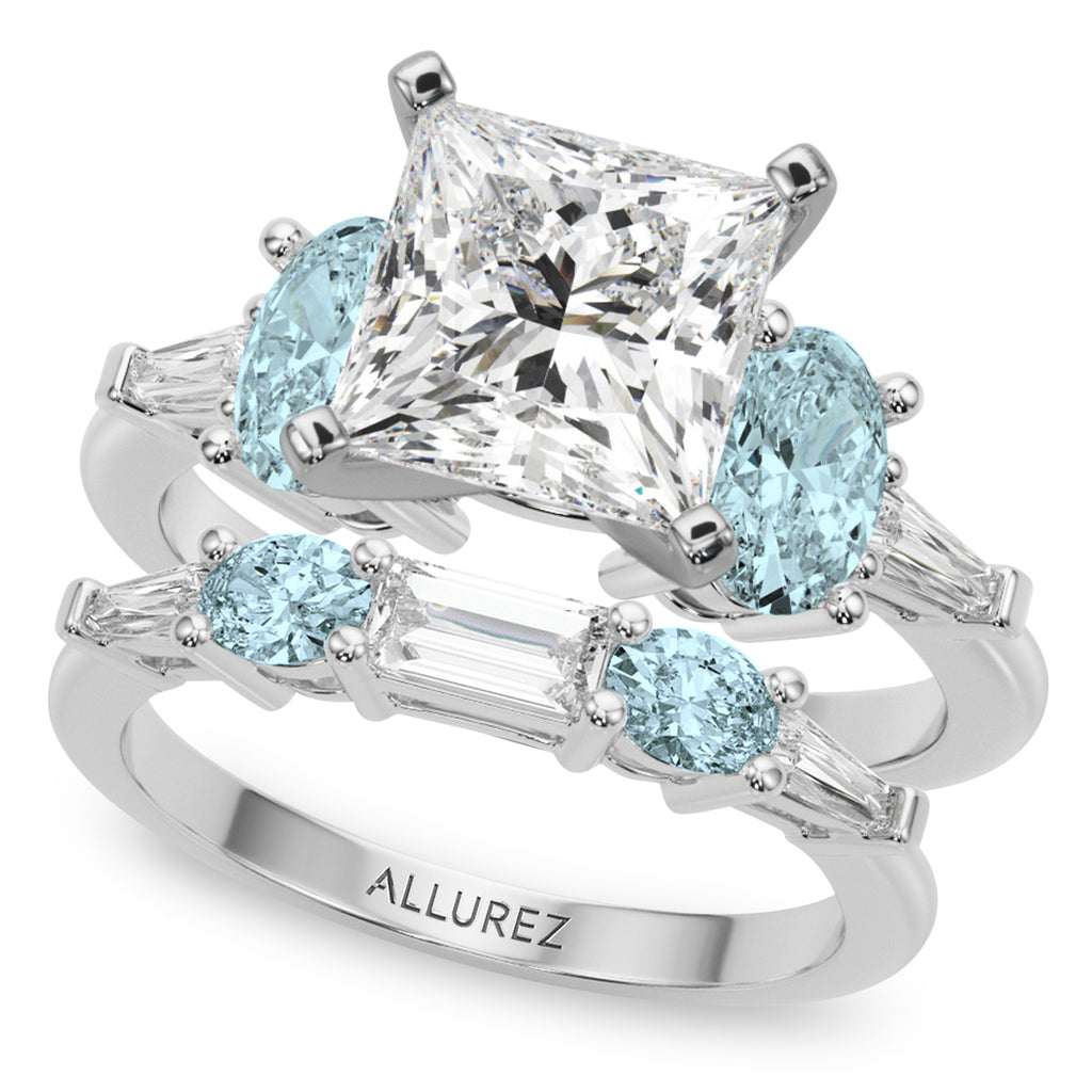 Princess Cut Lab Diamond & Oval Aquamarine Bridal Set in Palladium (4.65ct)