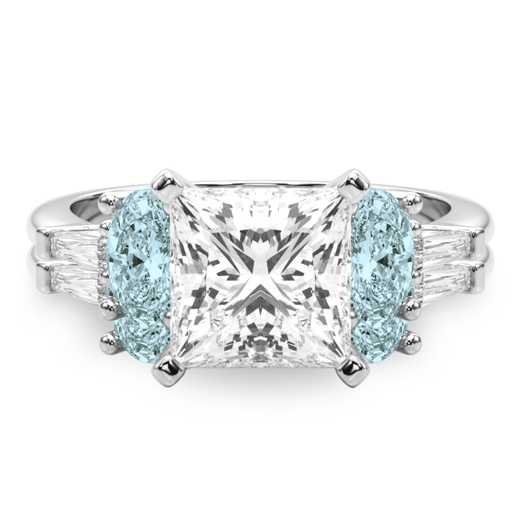 Princess Cut Lab Diamond & Oval Aquamarine Bridal Set in Palladium (4.65ct)