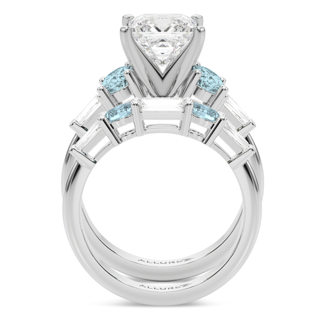 Princess Cut Lab Diamond & Oval Aquamarine Bridal Set in Palladium (4.65ct)
