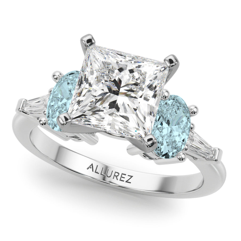 Princess Cut Lab Diamond & Oval Aquamarine Bridal Set in Palladium (4.65ct)