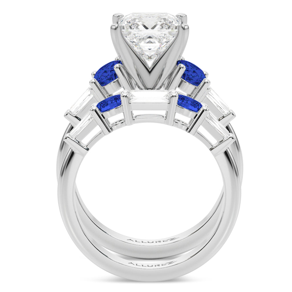 Princess Cut Lab Diamond & Oval Blue Sapphire Bridal Set 14K White Gold (5.17ct)