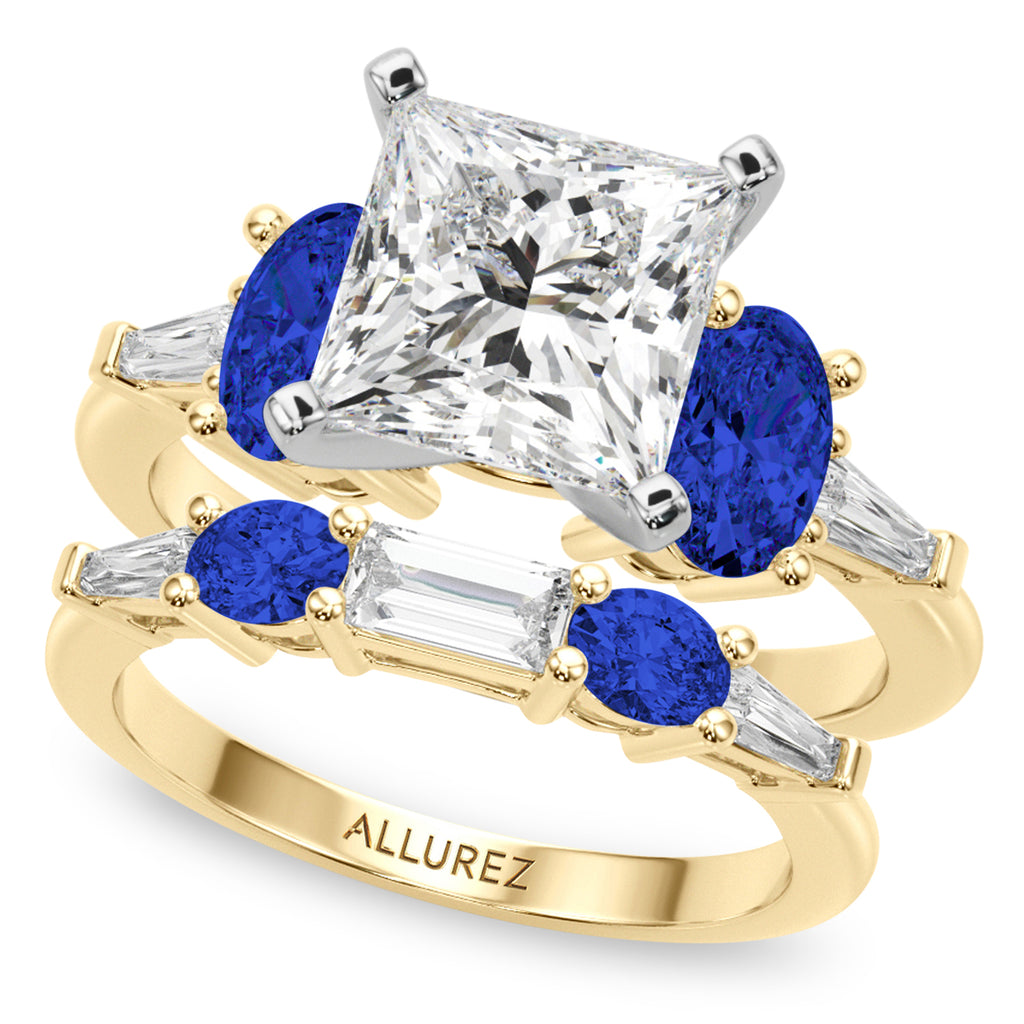 Princess Cut Lab Diamond & Oval Blue Sapphire Bridal Set 14K Yellow Gold (5.17ct)