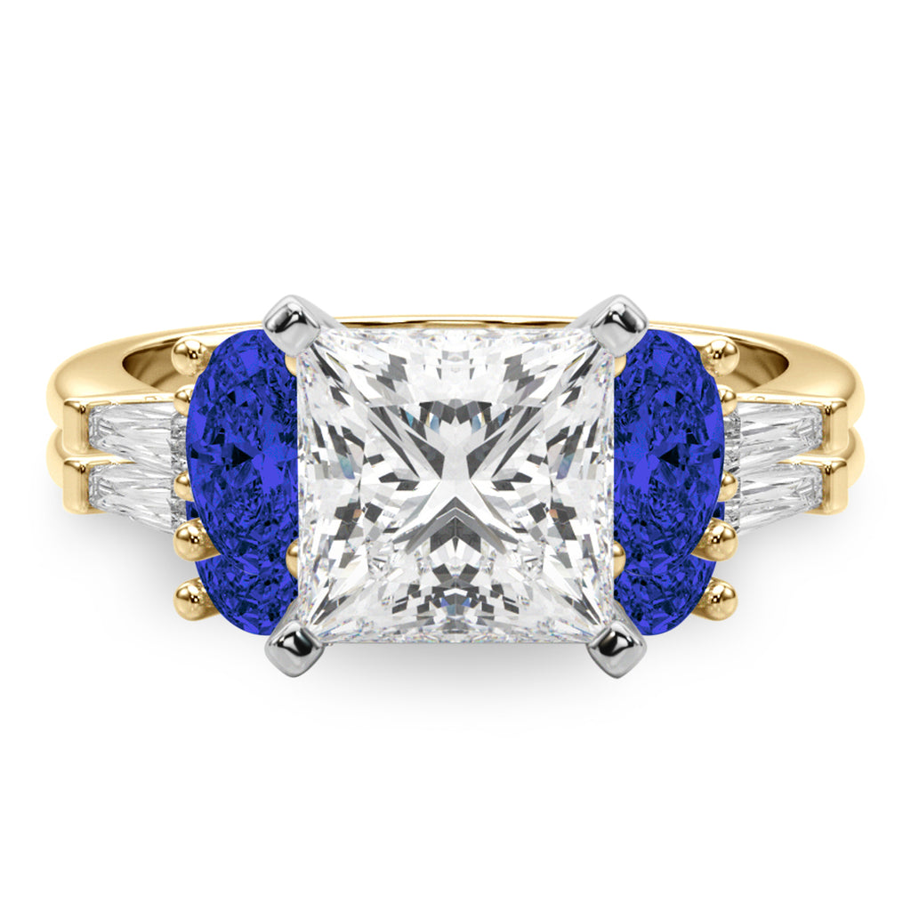 Princess Cut Lab Diamond & Oval Blue Sapphire Bridal Set 14K Yellow Gold (5.17ct)