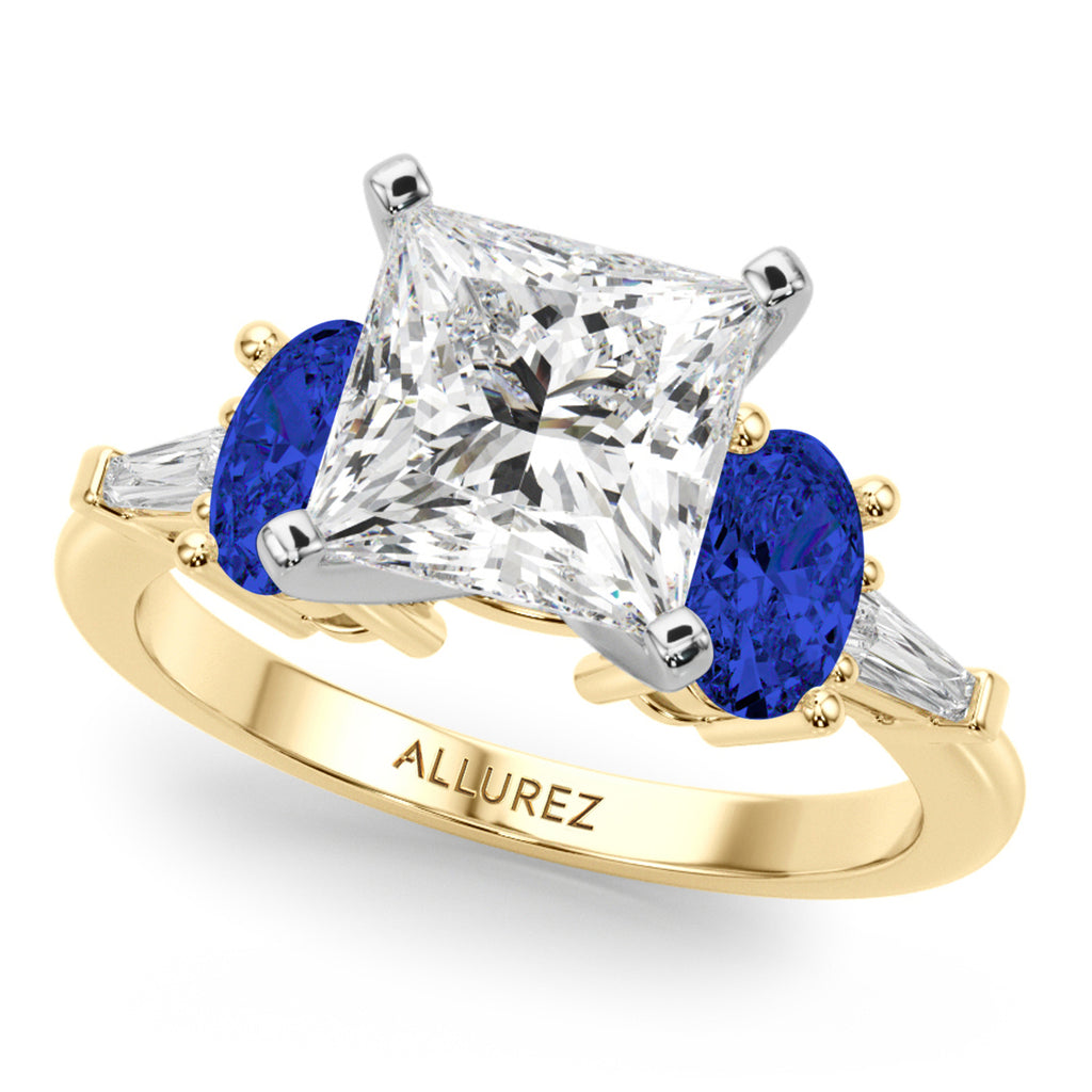 Princess Cut Lab Diamond & Oval Blue Sapphire Bridal Set 14K Yellow Gold (5.17ct)