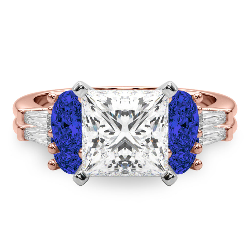 Princess Cut Lab Diamond & Oval Blue Sapphire Bridal Set 18K Rose Gold (5.17ct)