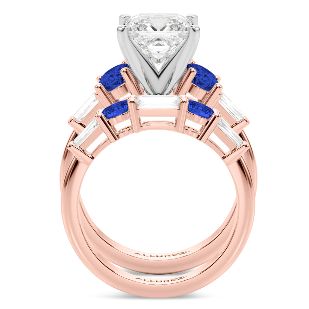 Princess Cut Lab Diamond & Oval Blue Sapphire Bridal Set 18K Rose Gold (5.17ct)