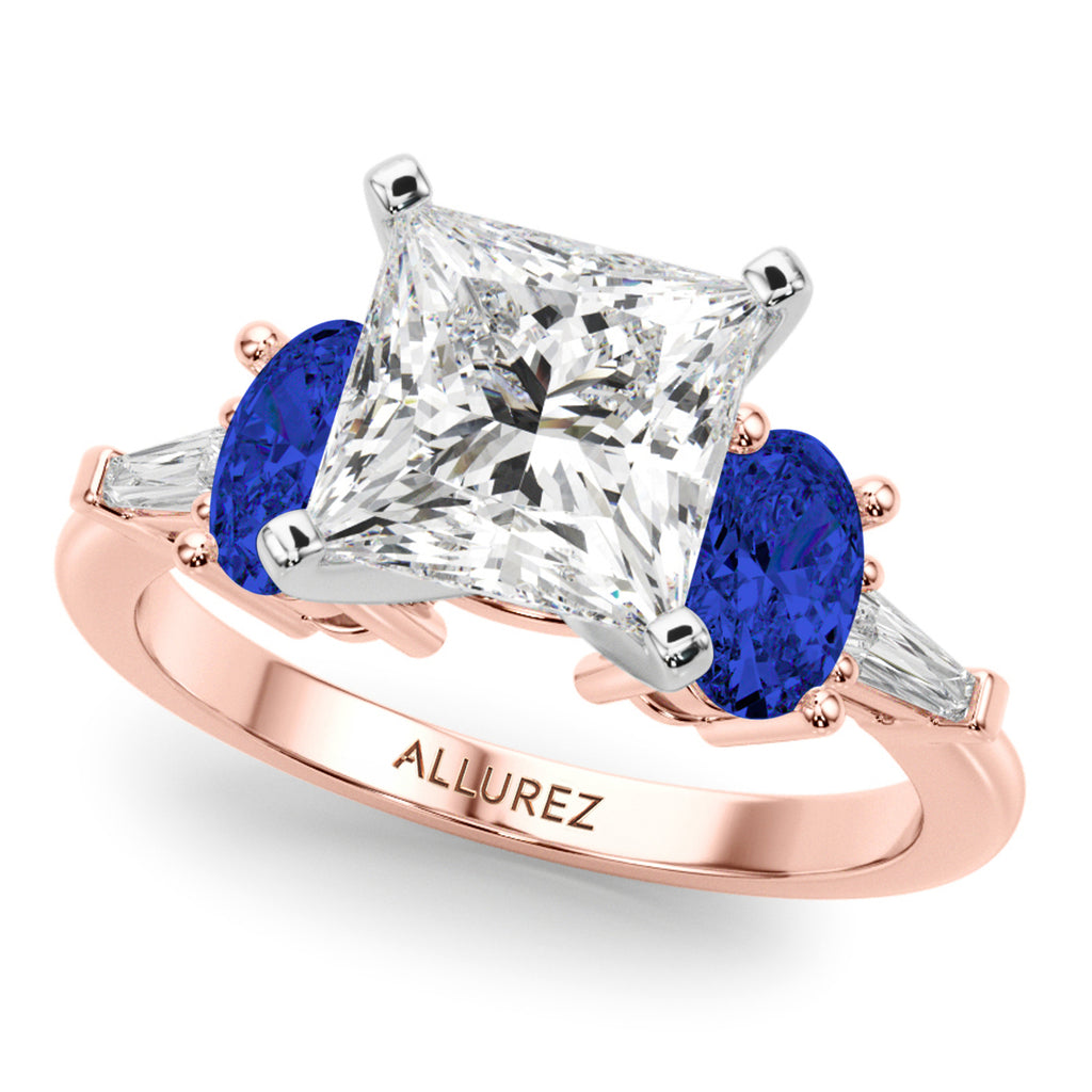 Princess Cut Lab Diamond & Oval Blue Sapphire Bridal Set 18K Rose Gold (5.17ct)
