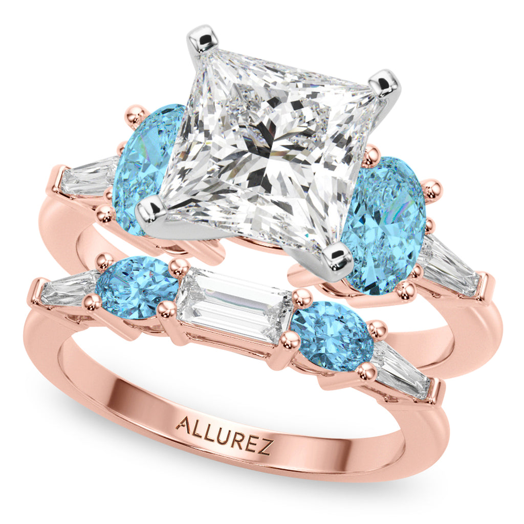 Princess Cut Lab Diamond & Oval Blue Topaz Bridal Set 14K Rose Gold (4.97ct)