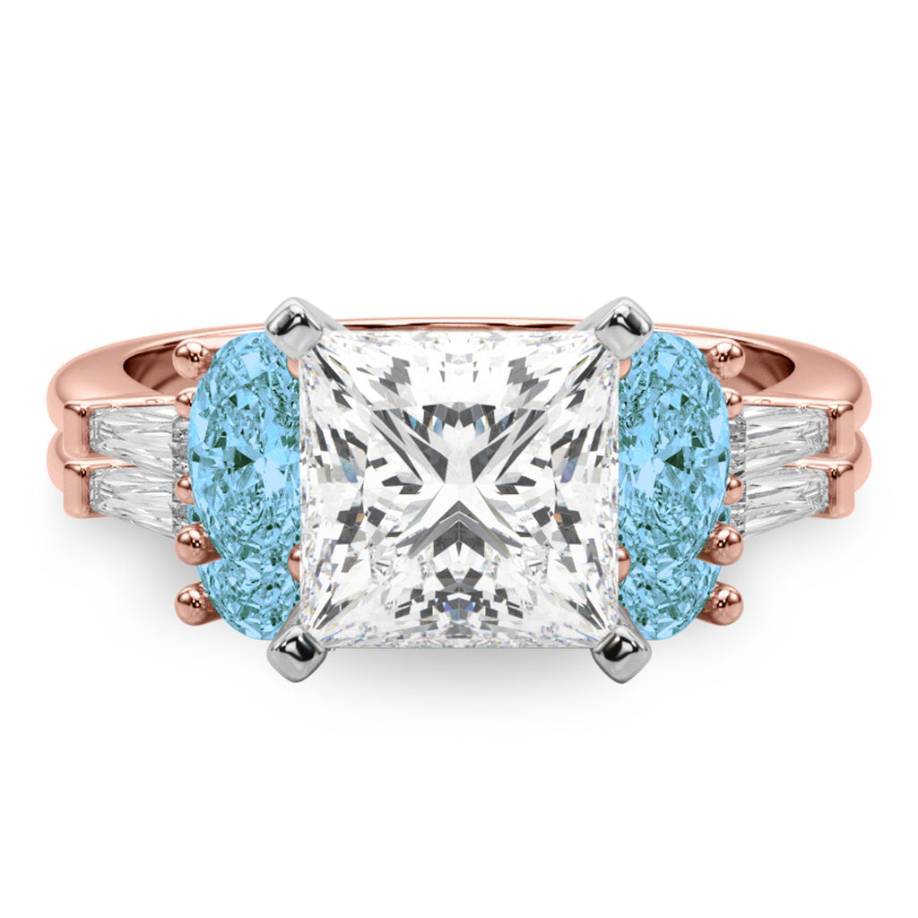 Princess Cut Lab Diamond & Oval Blue Topaz Bridal Set 14K Rose Gold (4.97ct)